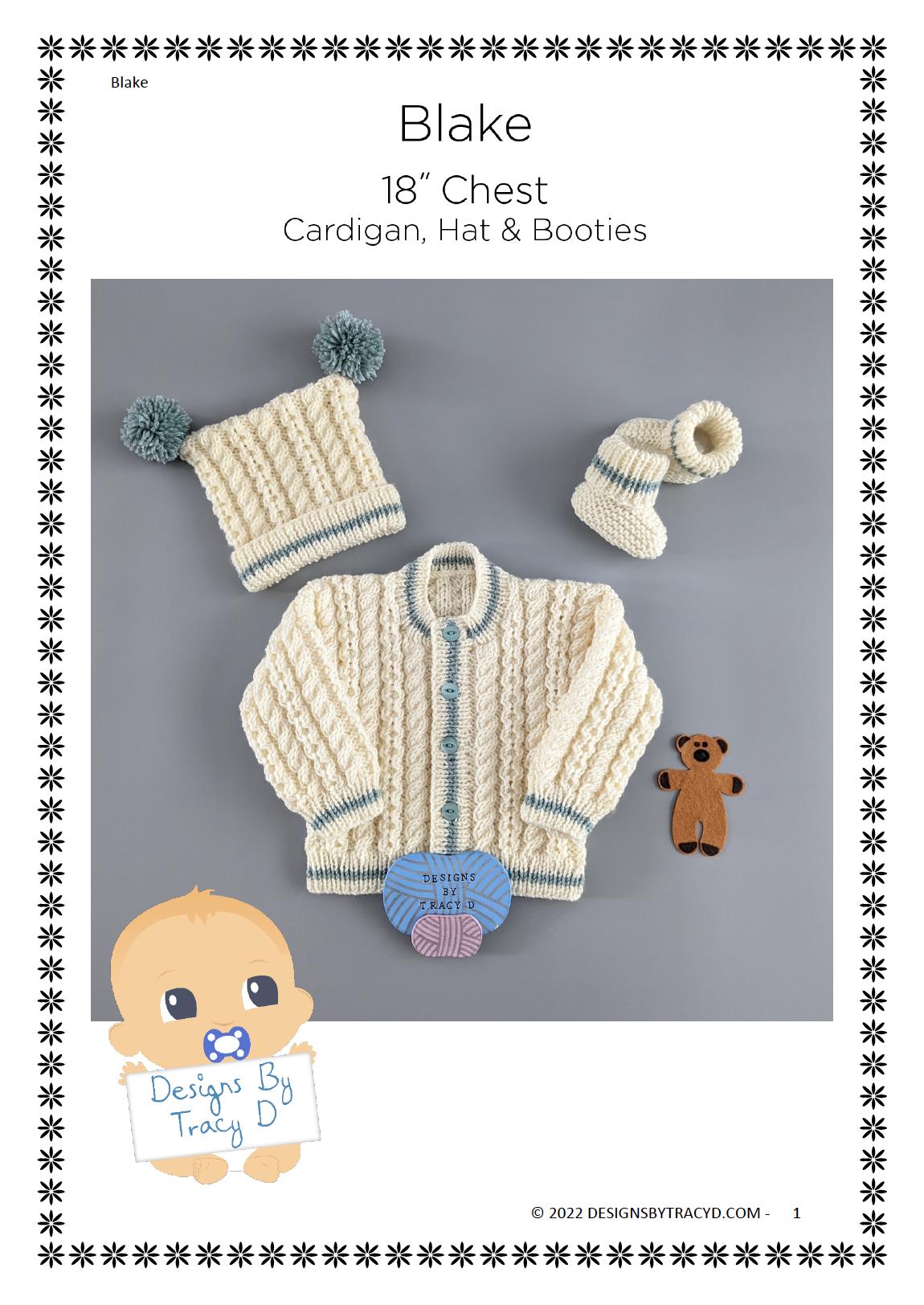 Blake 18" chest Cardigan, Hat and booties Baby Knitting Pattern