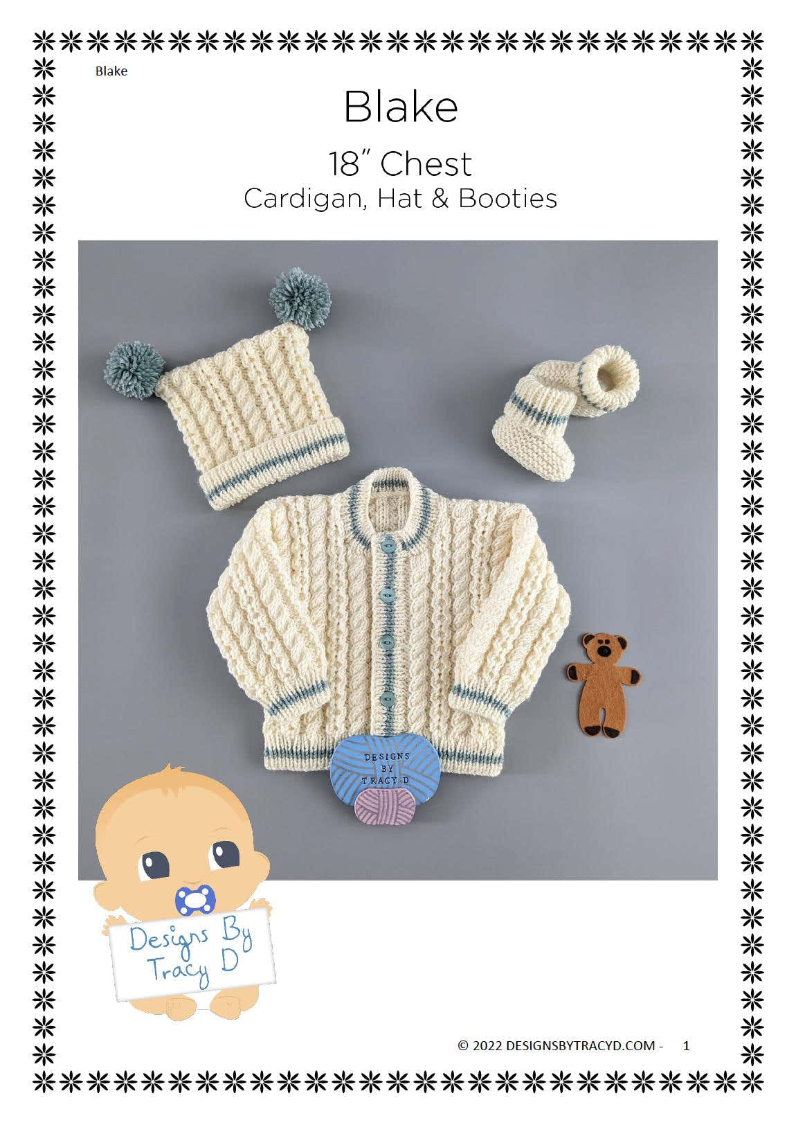 Blake 18" chest Cardigan, Hat and booties Baby Knitting Pattern