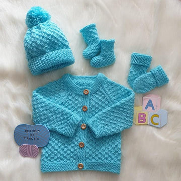 Ceri Unisex baby knitting pattern cardigan, hat, mitts and booties 0-6mths 18" chest