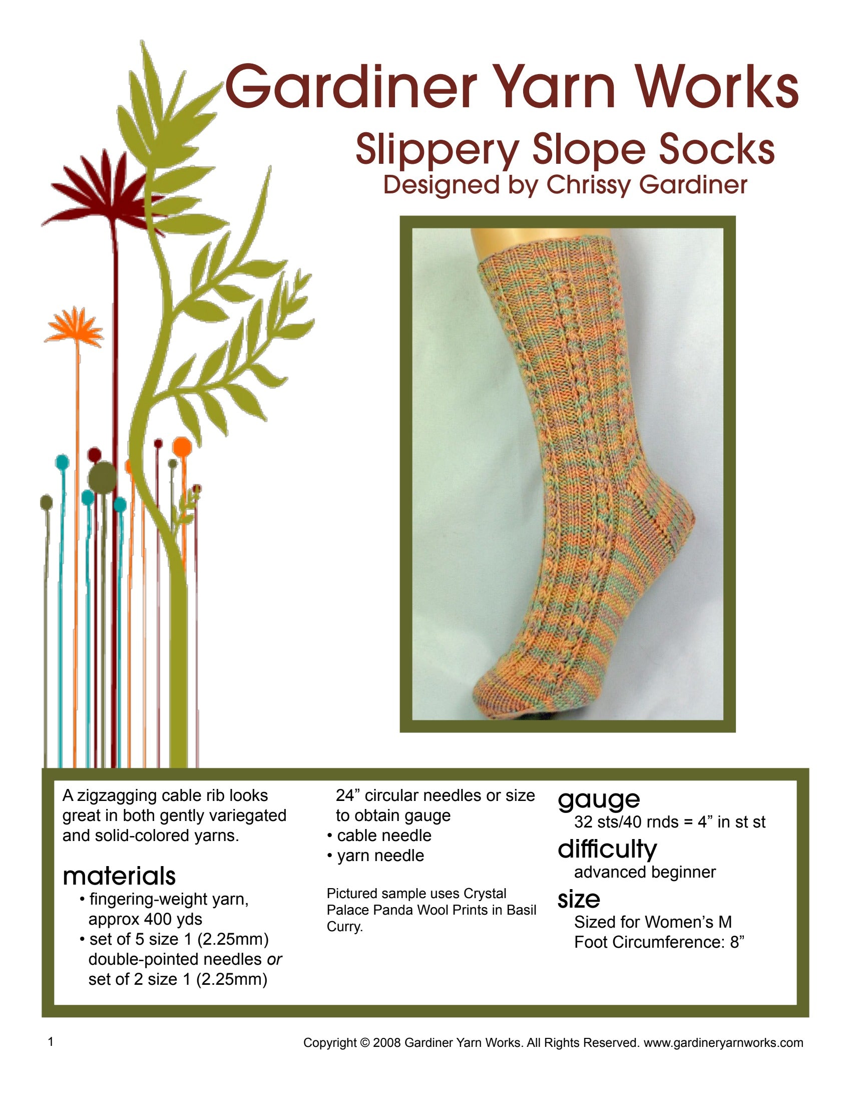 Gardiner Yarn Works Slippery Slope Socks Knitting Pattern
