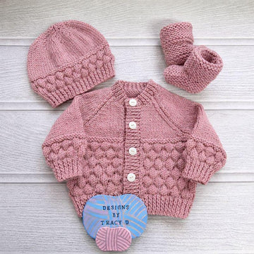 Annabeth Cardigan, Hat & Booties, 16-20 inch chest 0-12mths