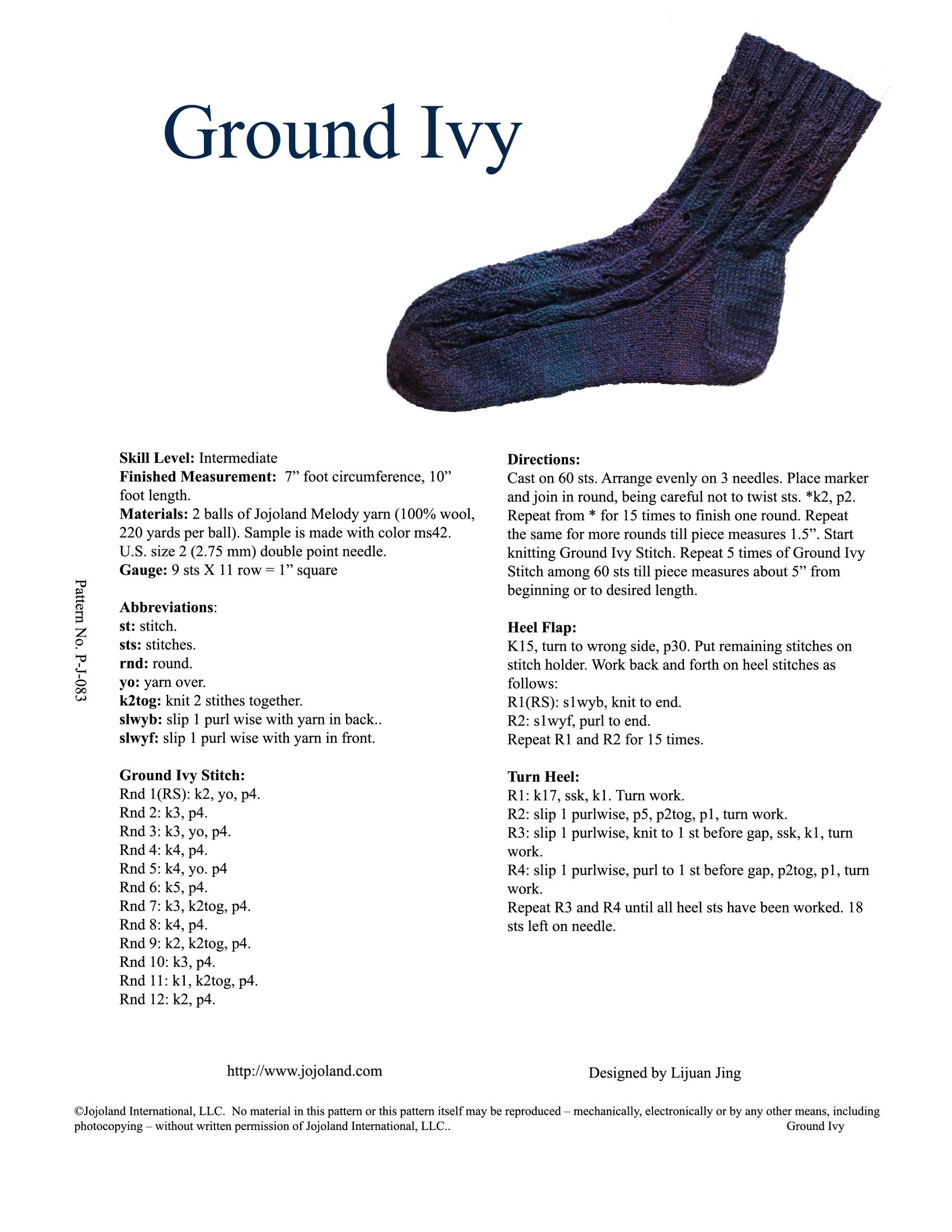 Jojoland Ground Ivy Socks Knitting Pattern