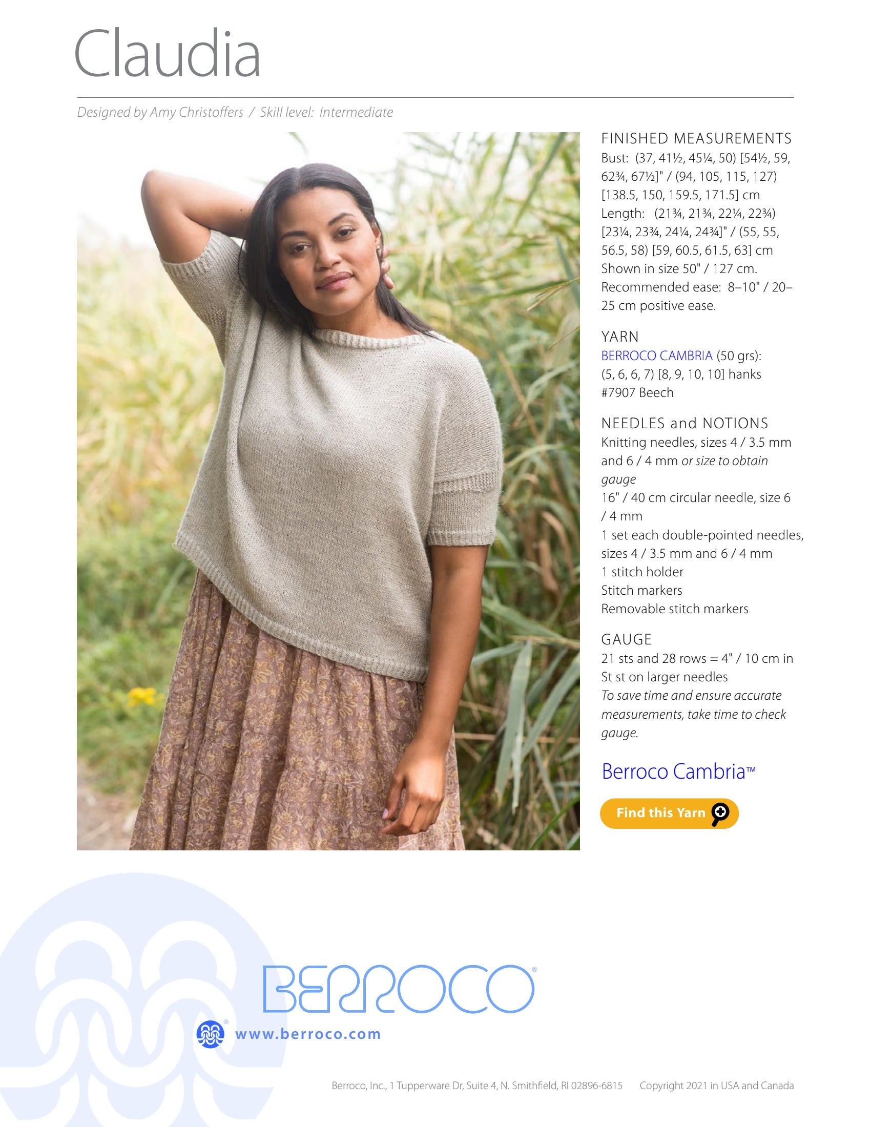 Berroco Claudia Jumper Knitting Pattern