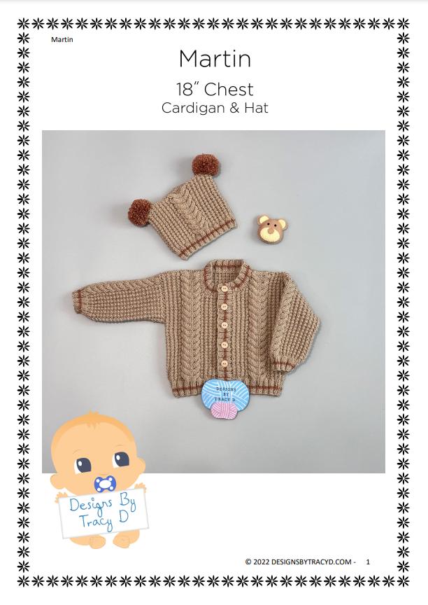 Martin Baby Cardigan  and Hat knitting pattern 18 inch chest size