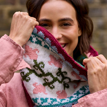 Golden Lily Reversible Cowl Designed by Debbie Bliss & Chloe Elizabeth Birch in Morris DK