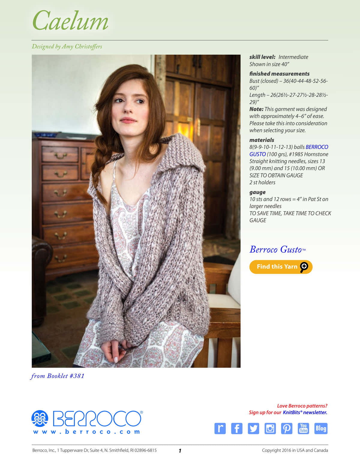 Berroco Caelum Cardigan Knitting Pattern