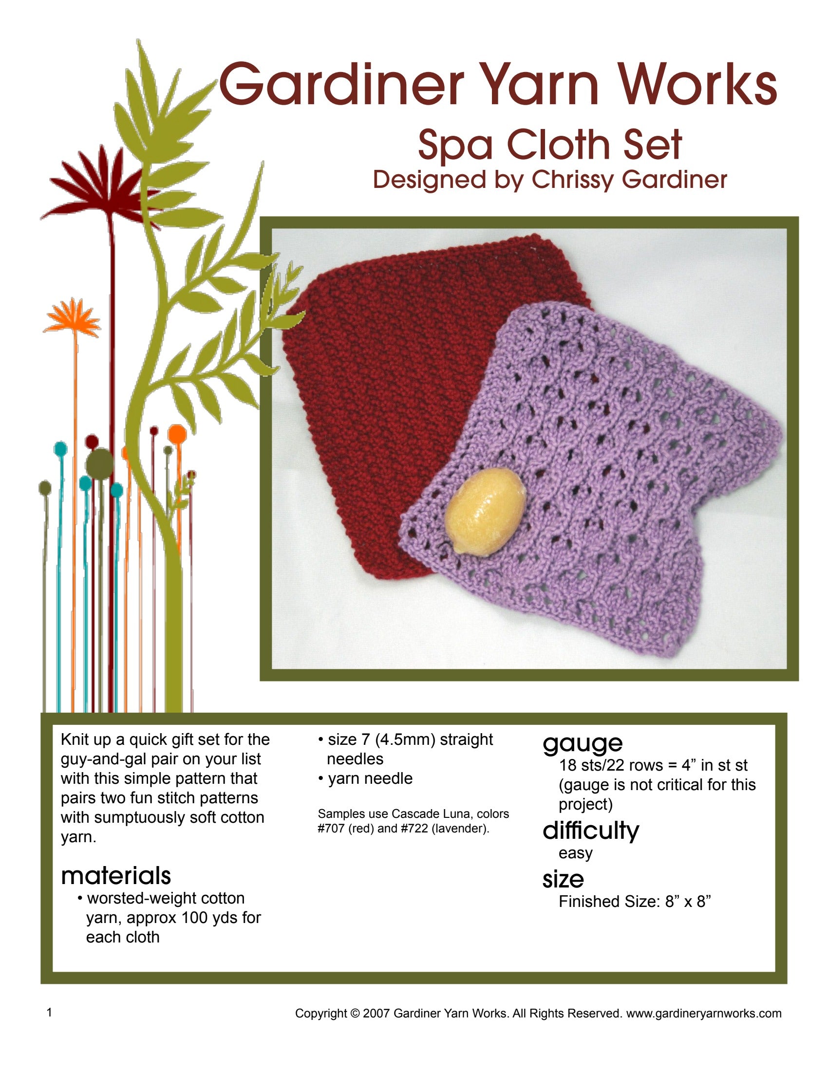 Gardiner Yarn Works Spa Cloth Set Homeware Knitting Pattern