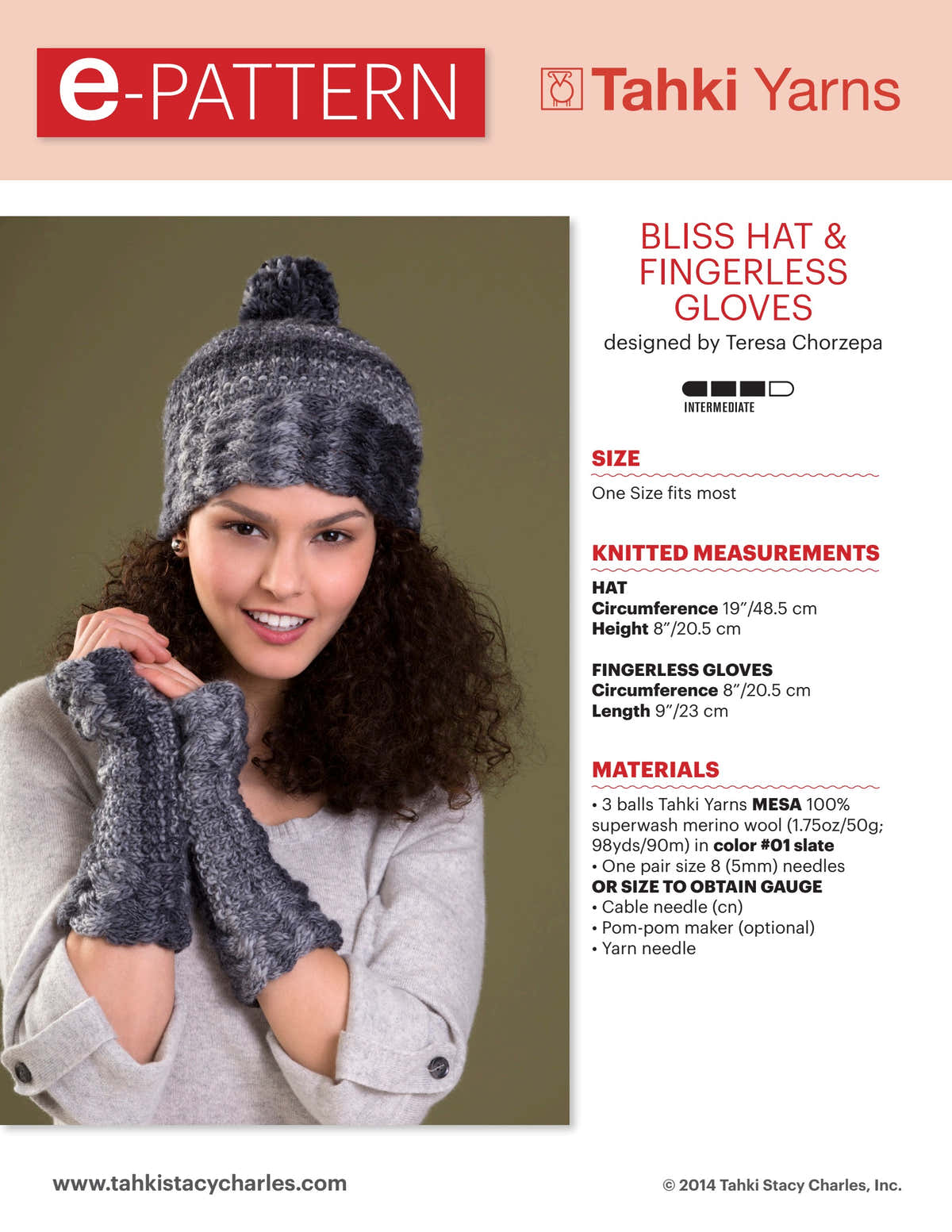 Tahki Yarns Bliss Hat & Fingerless Gloves Knitting Pattern