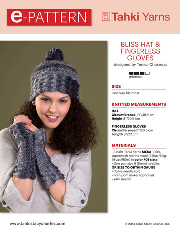 Tahki Yarns Bliss Hat & Fingerless Gloves Knitting Pattern