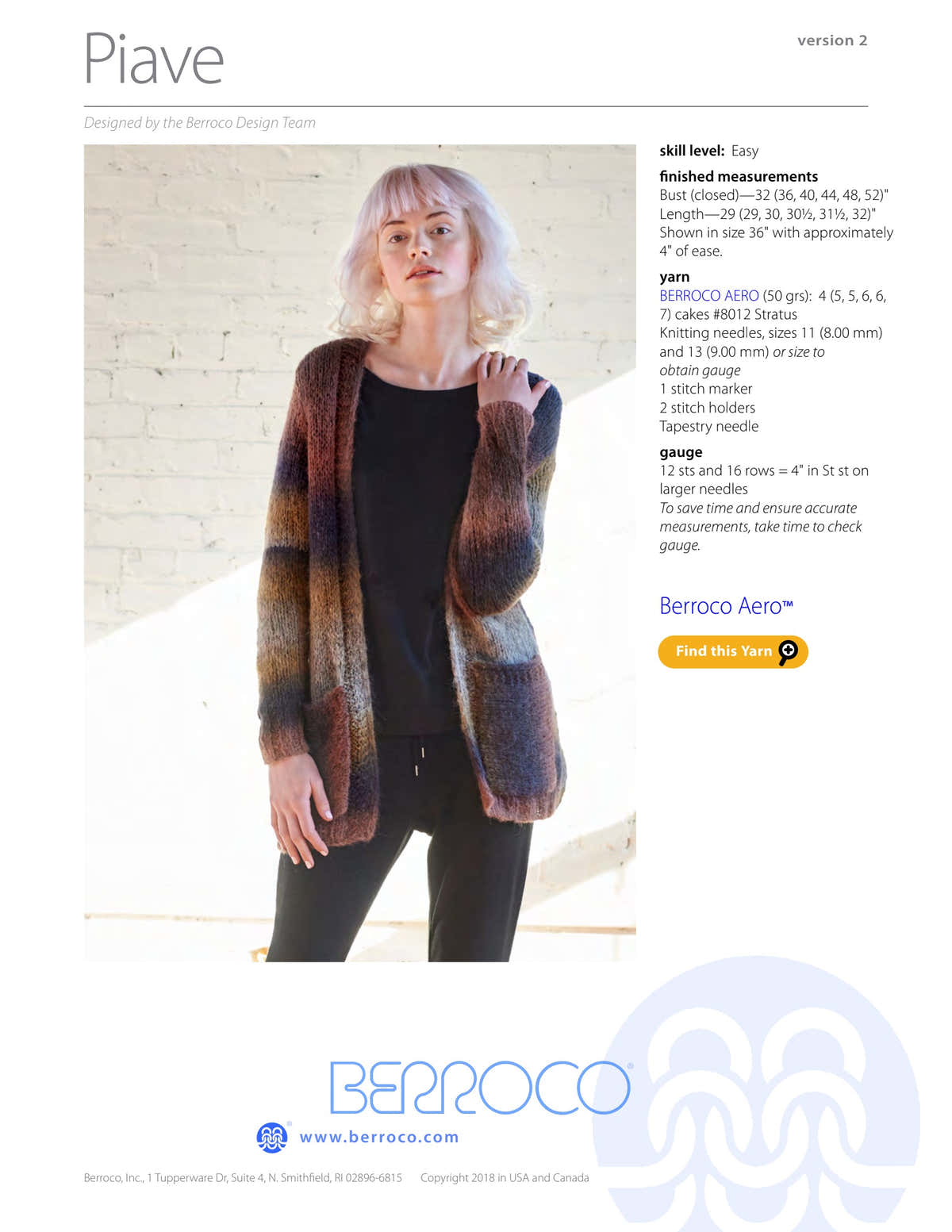Berroco Piave Cardigan Knitting Pattern