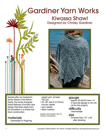Gardiner Yarn Works Kiwassa Shawl Wrap Knitting Pattern