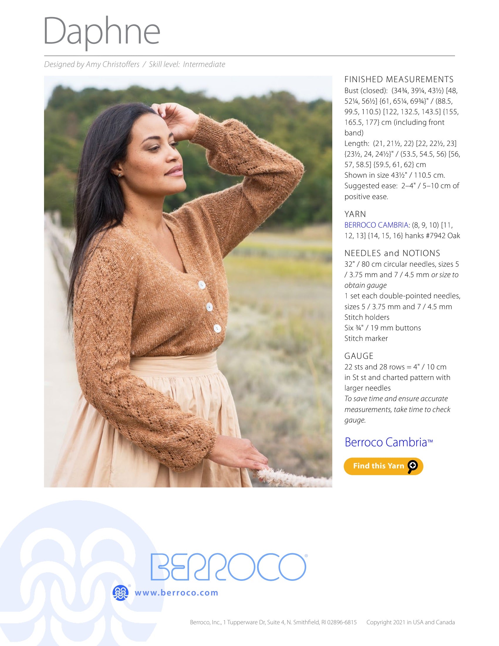 Berroco Daphne Cardigan Knitting Pattern