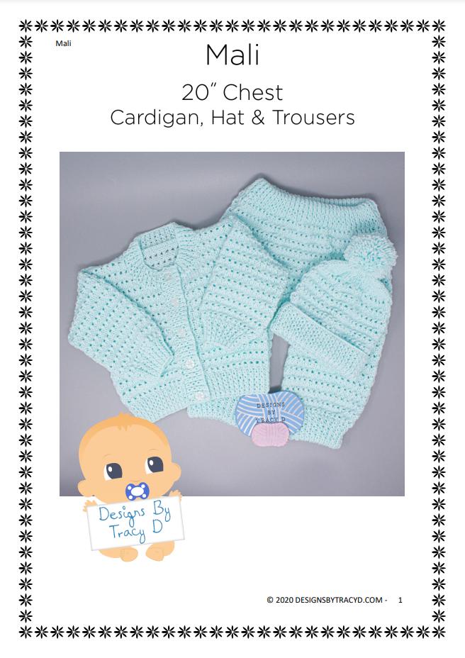 Mali Pram Set 20" chest Cardigan, Trousers &Hat