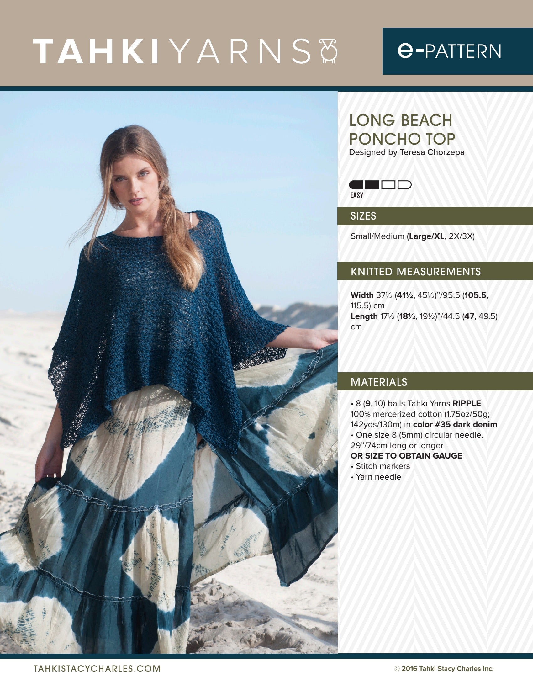 Tahki Yarns Long Beach Poncho Top Knitting Pattern