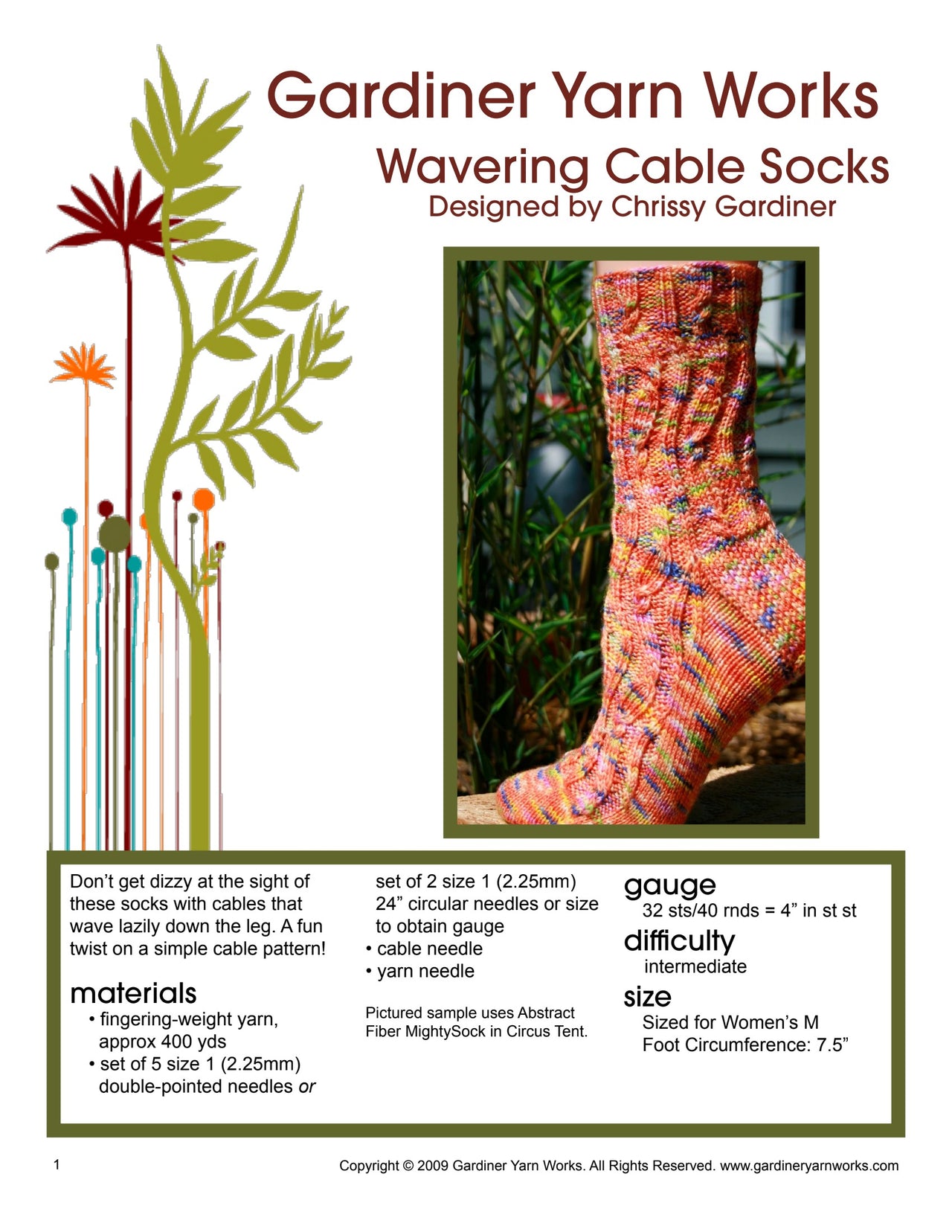 Gardiner Yarn Works Wavering Cable Socks Knitting Pattern