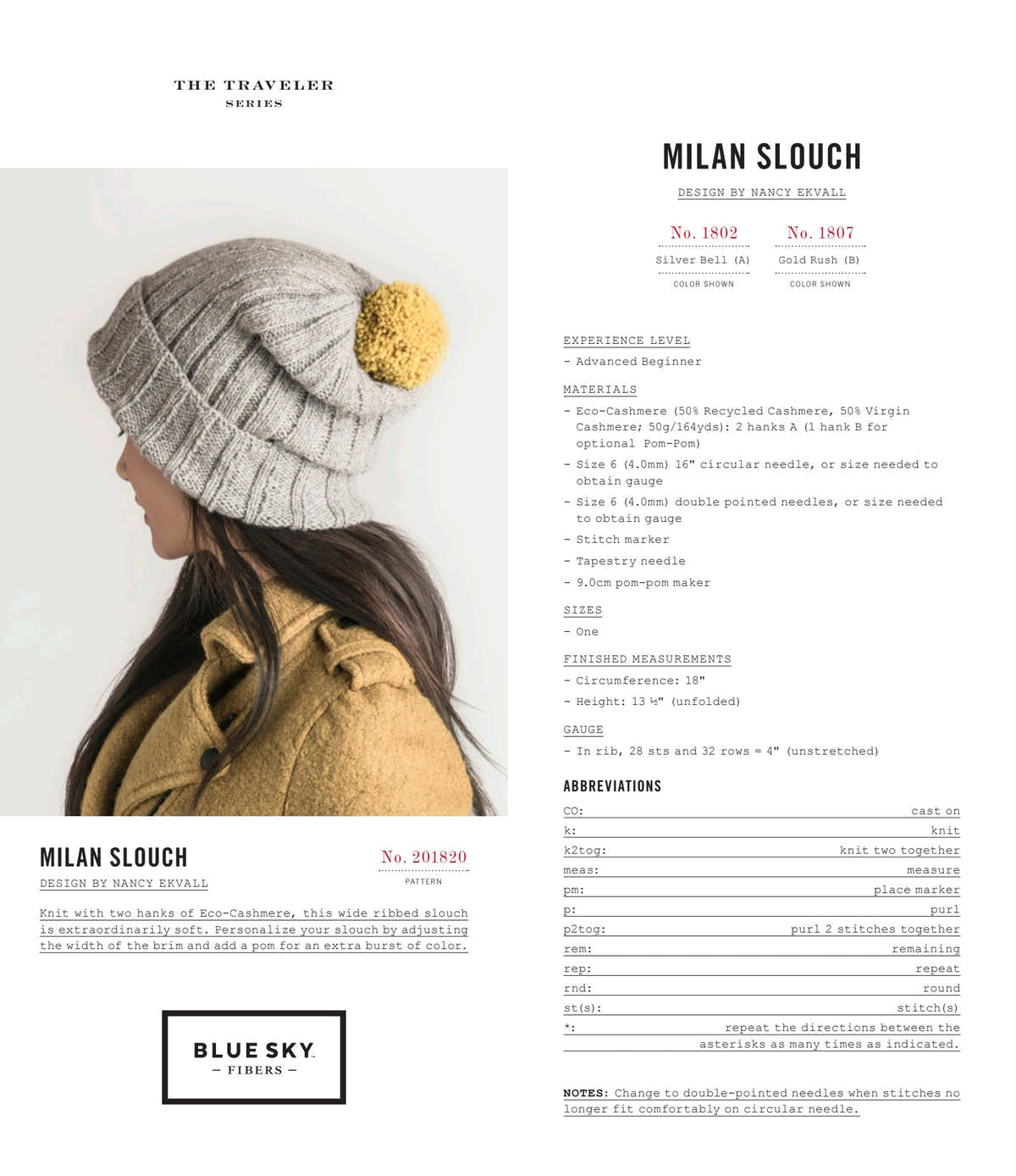 Blue Sky Fibers Milan Slouch Hat Knitting Pattern