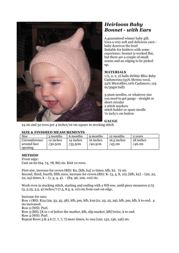 Kate Atherley Heirloom Baby Bonnet Hat Knitting Pattern