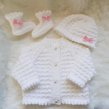 Caitlin Baby Cardigan, Hat & Booties knitting pattern 0-3 & 6-12mths