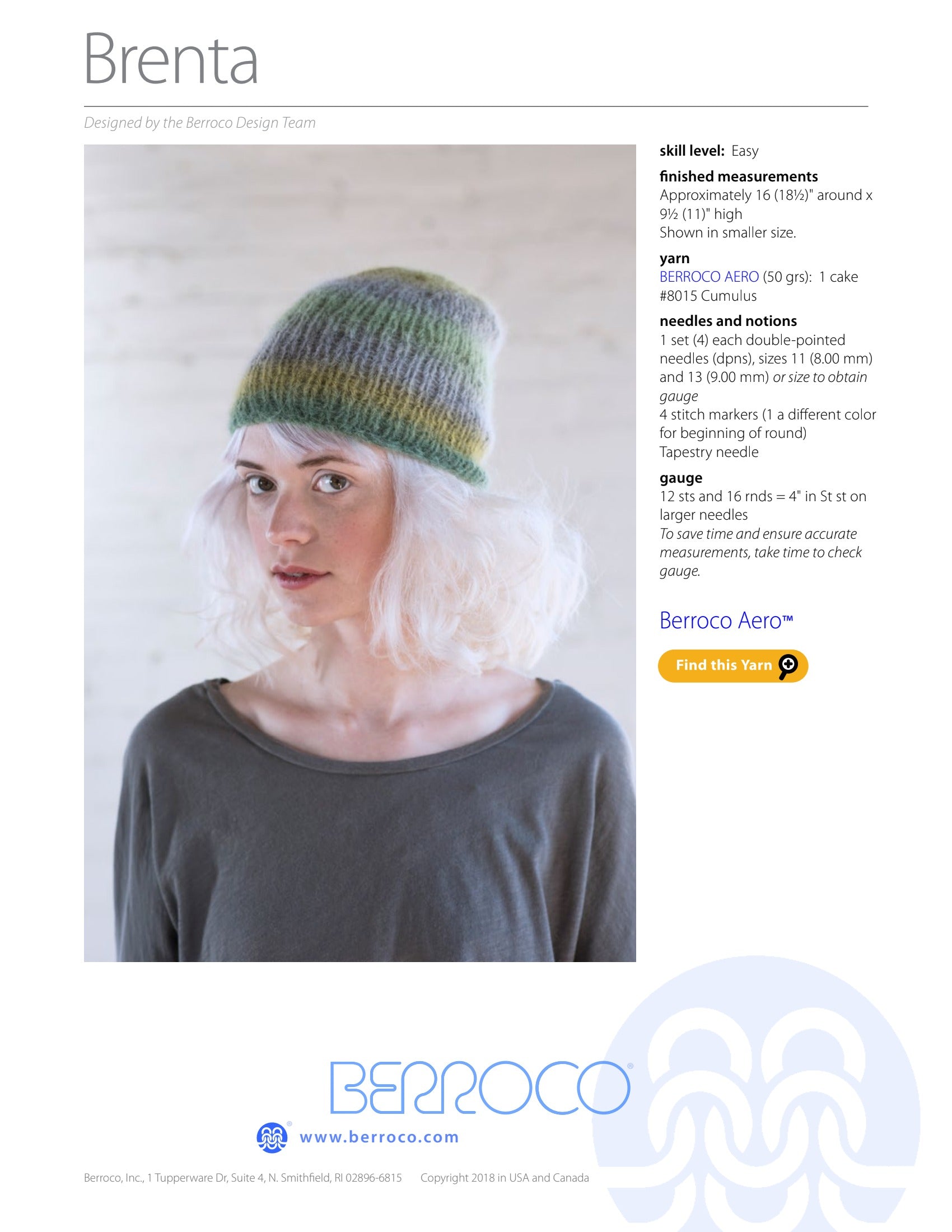 Berroco Brenta Hat Knitting Pattern