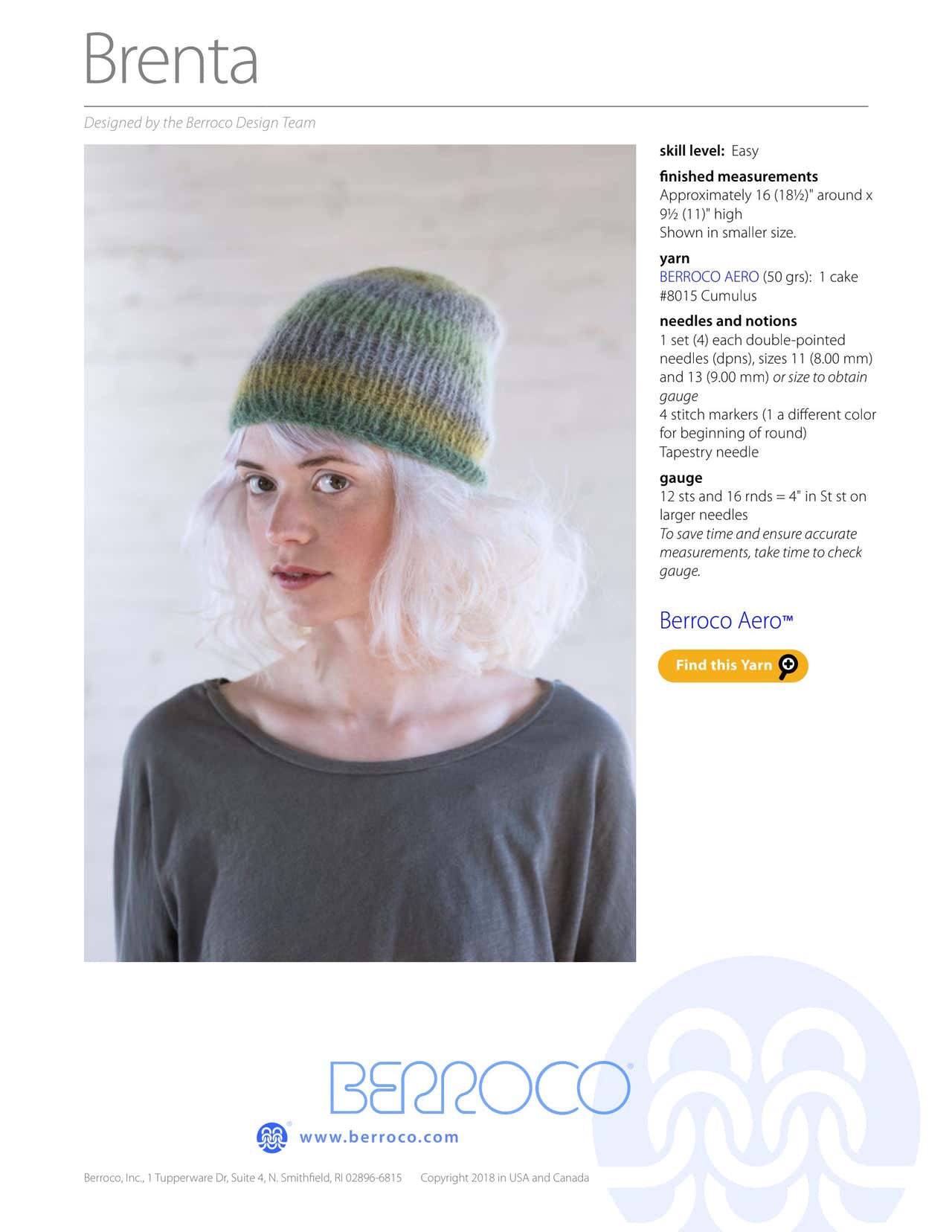 Berroco Brenta Hat Knitting Pattern