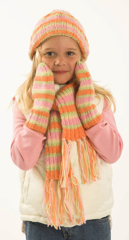 Childs Hat, Scarf & Mittens in Plymouth Encore Worsted - F170 -