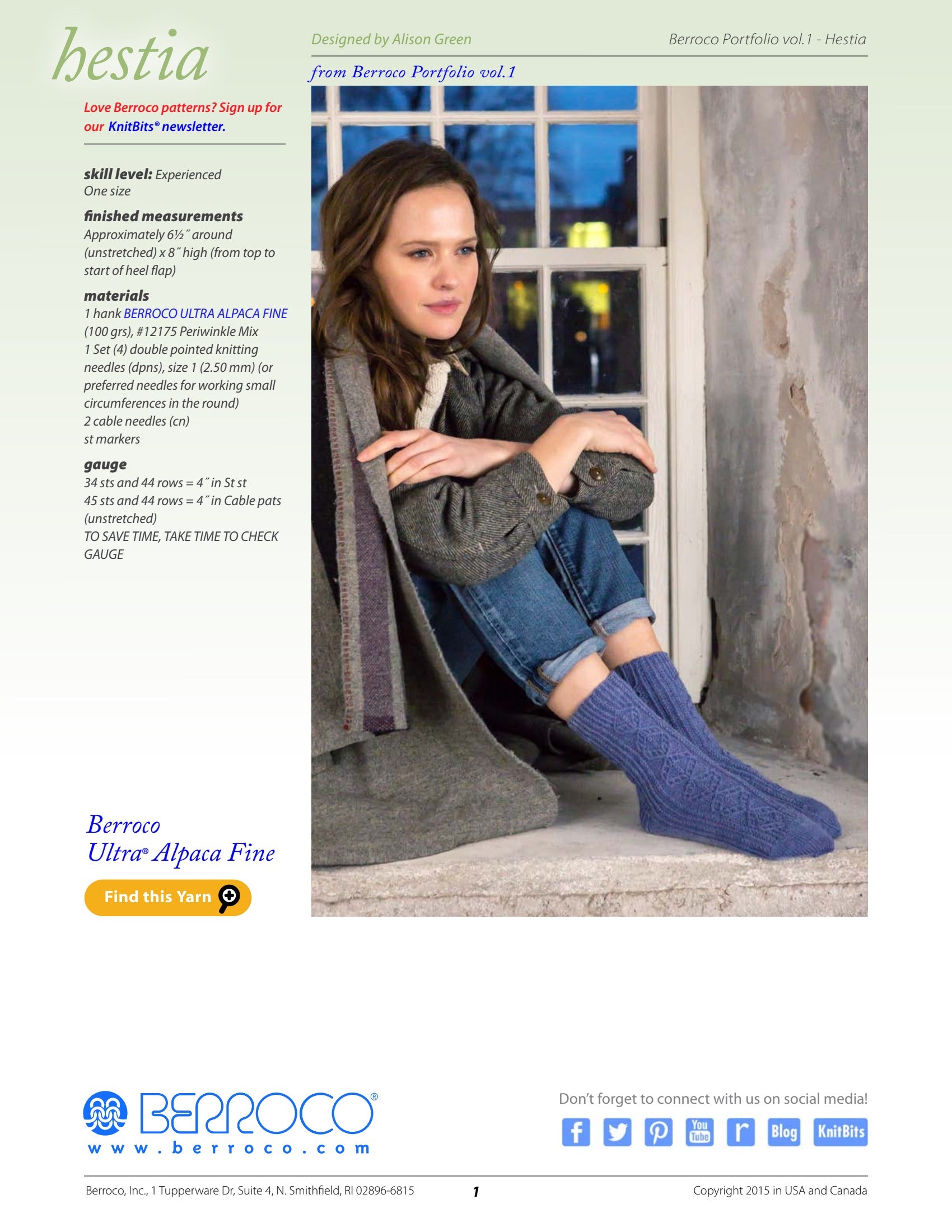 Berroco Hestia- Portfolio Socks Knitting Pattern