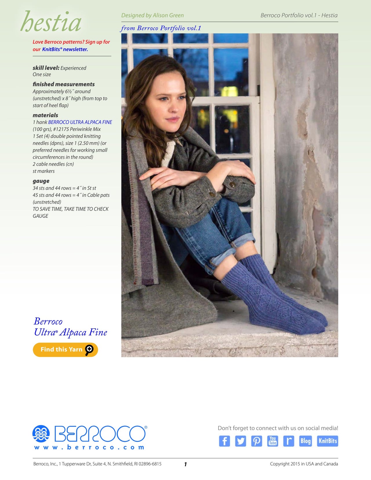 Berroco Hestia- Portfolio Socks Knitting Pattern