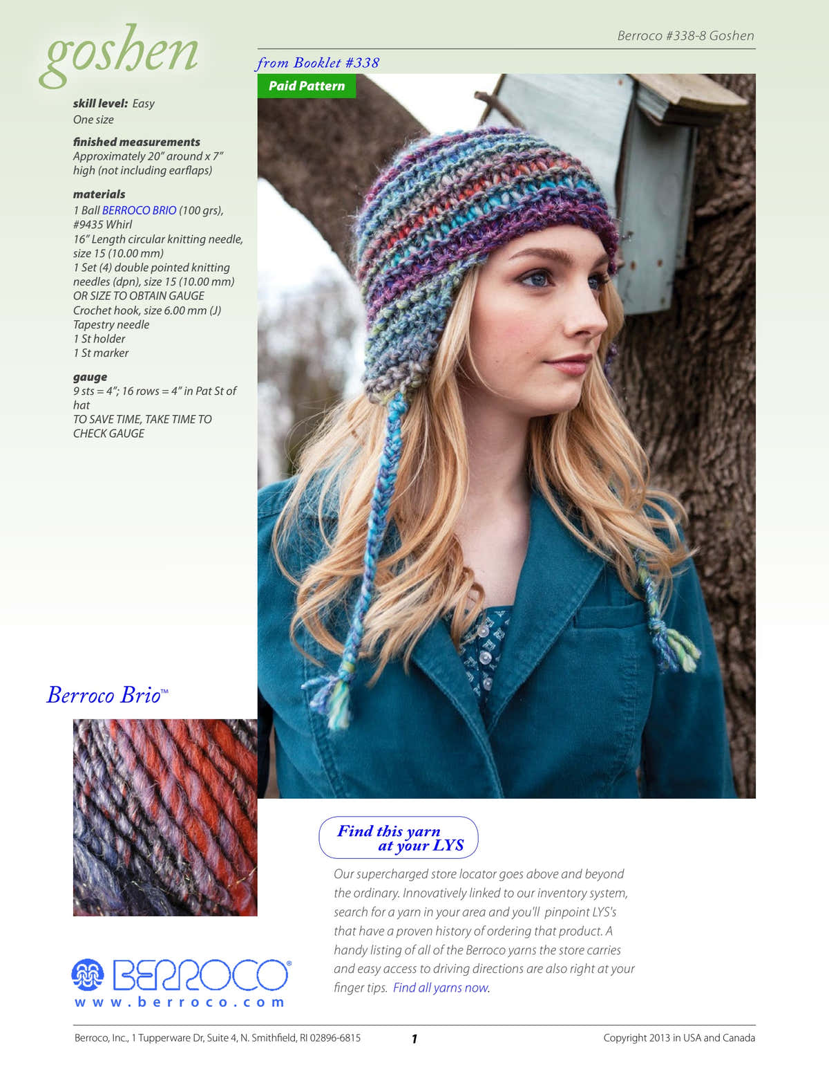 Berroco Goshen Hat Knitting Pattern