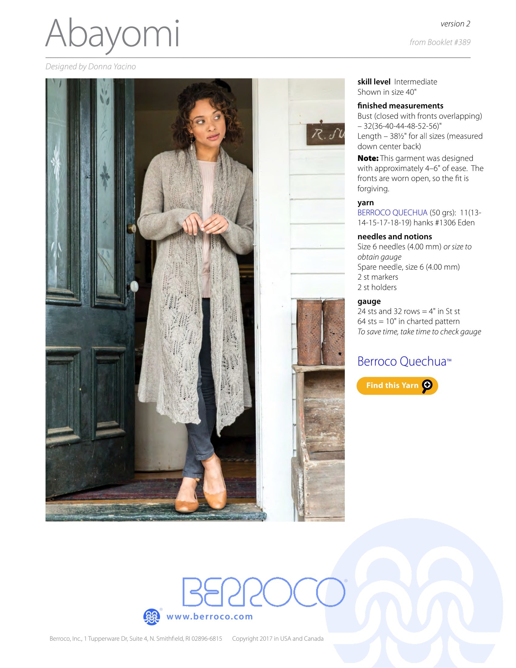 Berroco Abayomi Cardigan Knitting Pattern