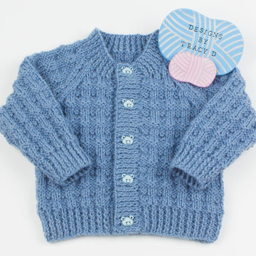 Riley unisex baby knitting pattern cardigan, 2 hats and booties 0-6mths