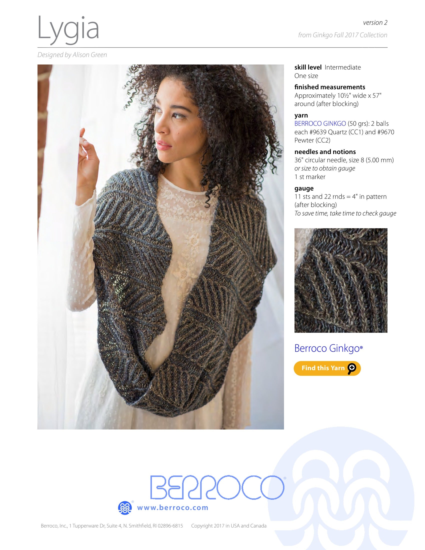 Berroco Lygia Cowl Knitting Pattern