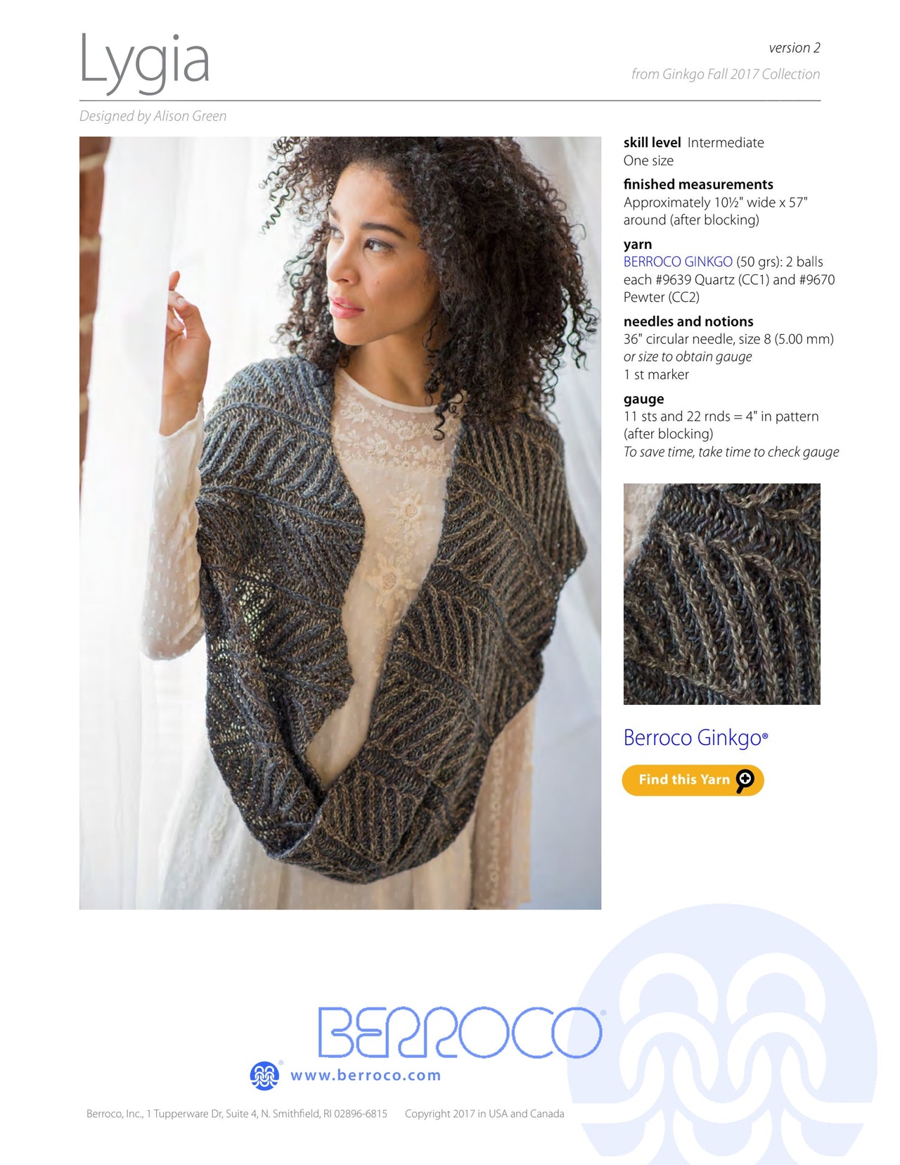 Berroco Lygia Cowl Knitting Pattern