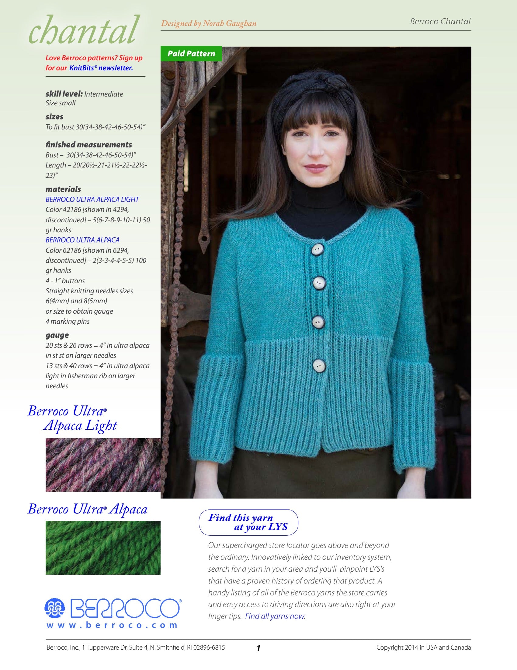 Berroco Chantal Cardigan Knitting Pattern