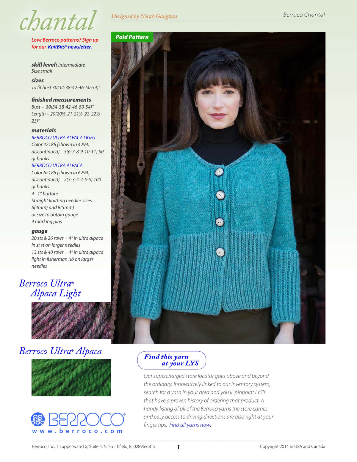 Berroco Chantal Cardigan Knitting Pattern