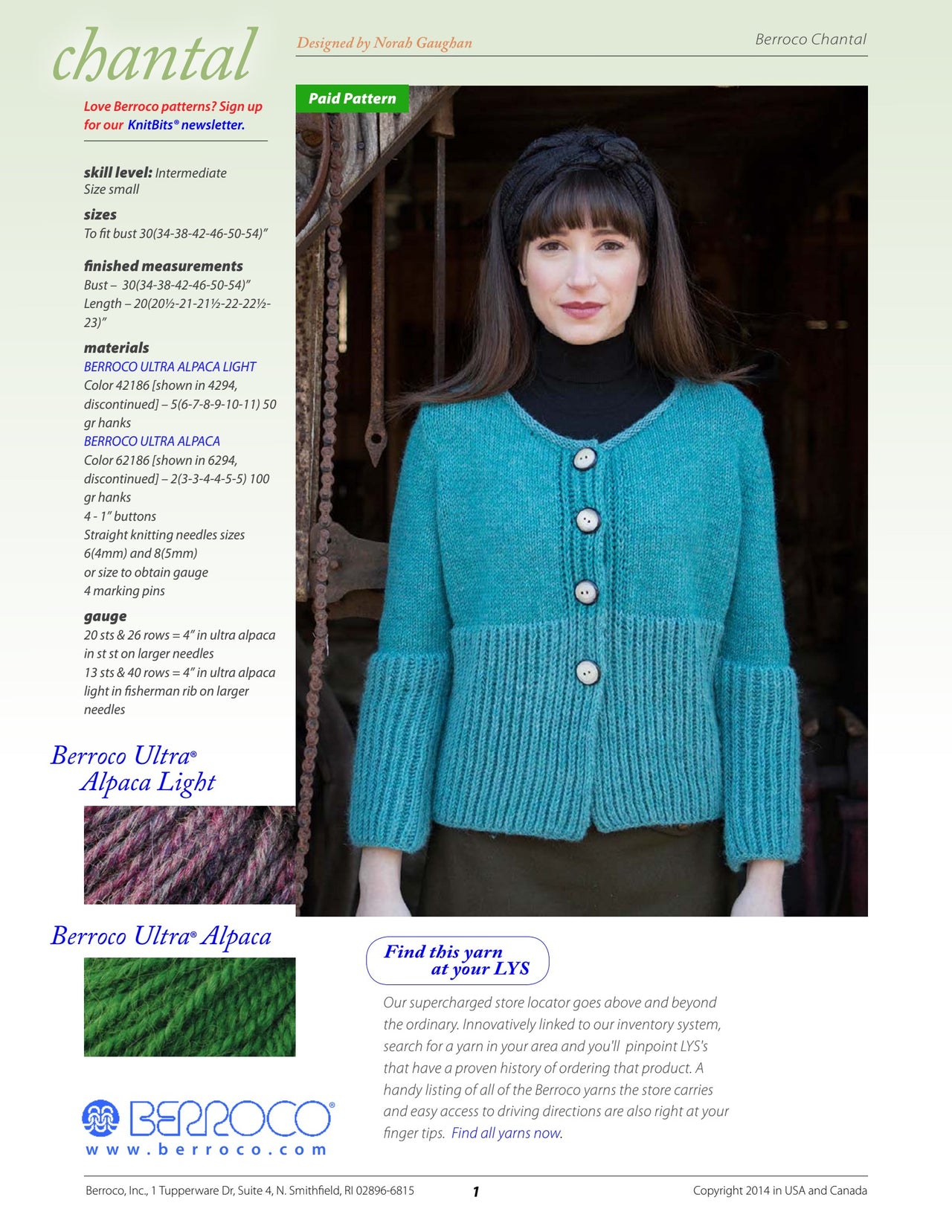 Berroco Chantal Cardigan Knitting Pattern