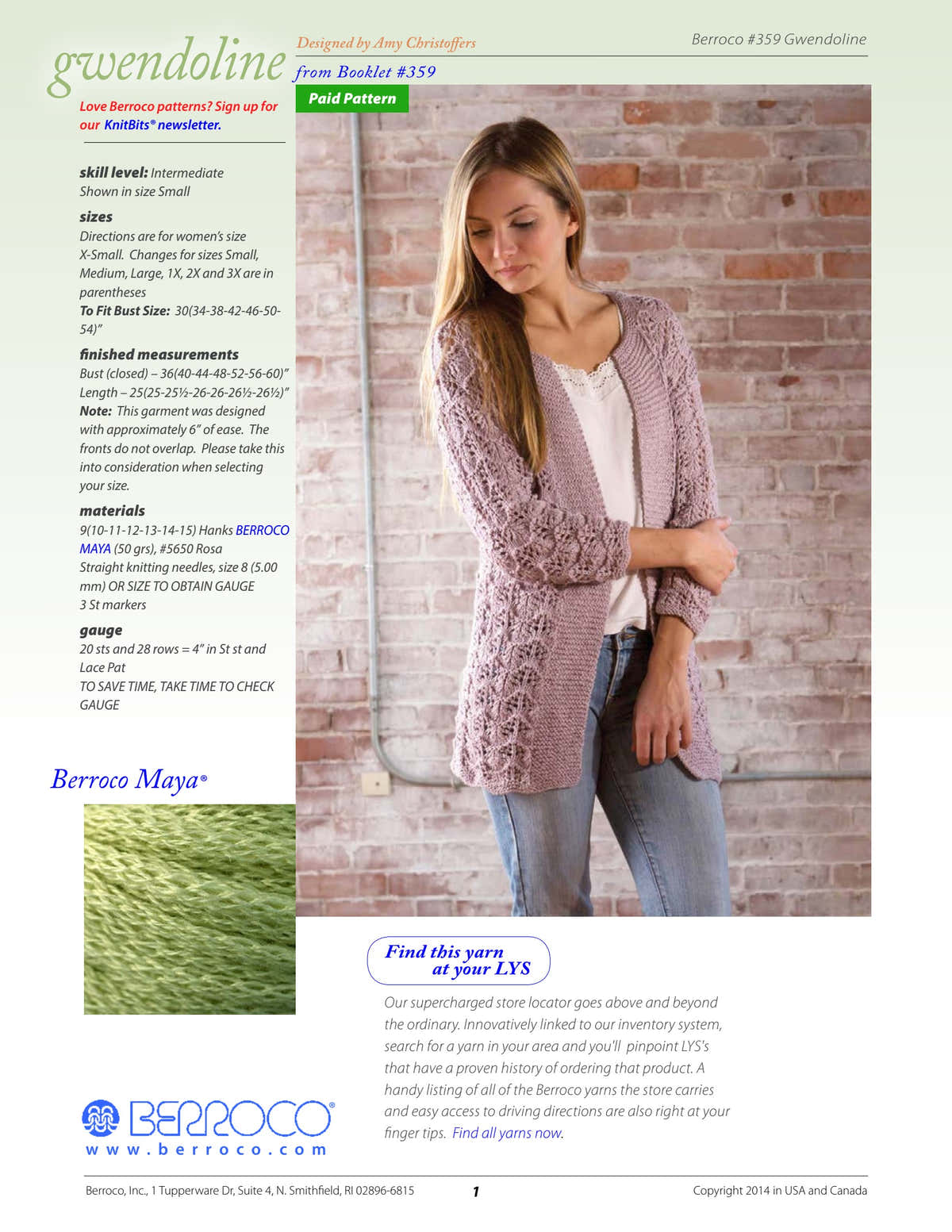 Berroco Gwendoline Cardigan Knitting Pattern