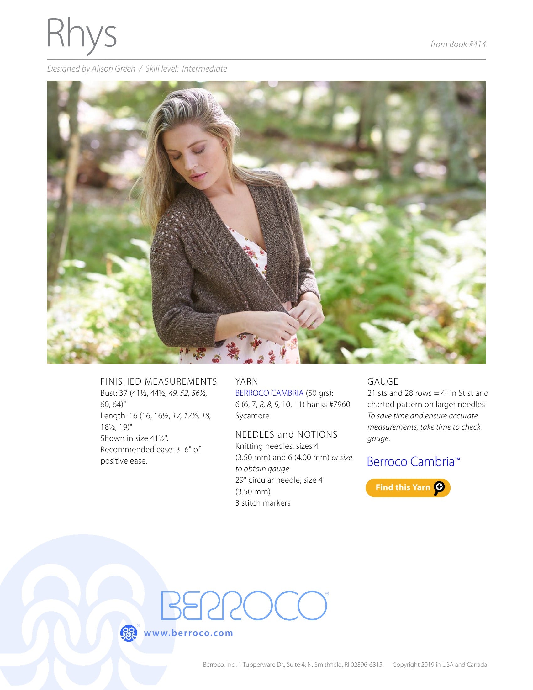 Berroco Rhys Cardigan Knitting Pattern