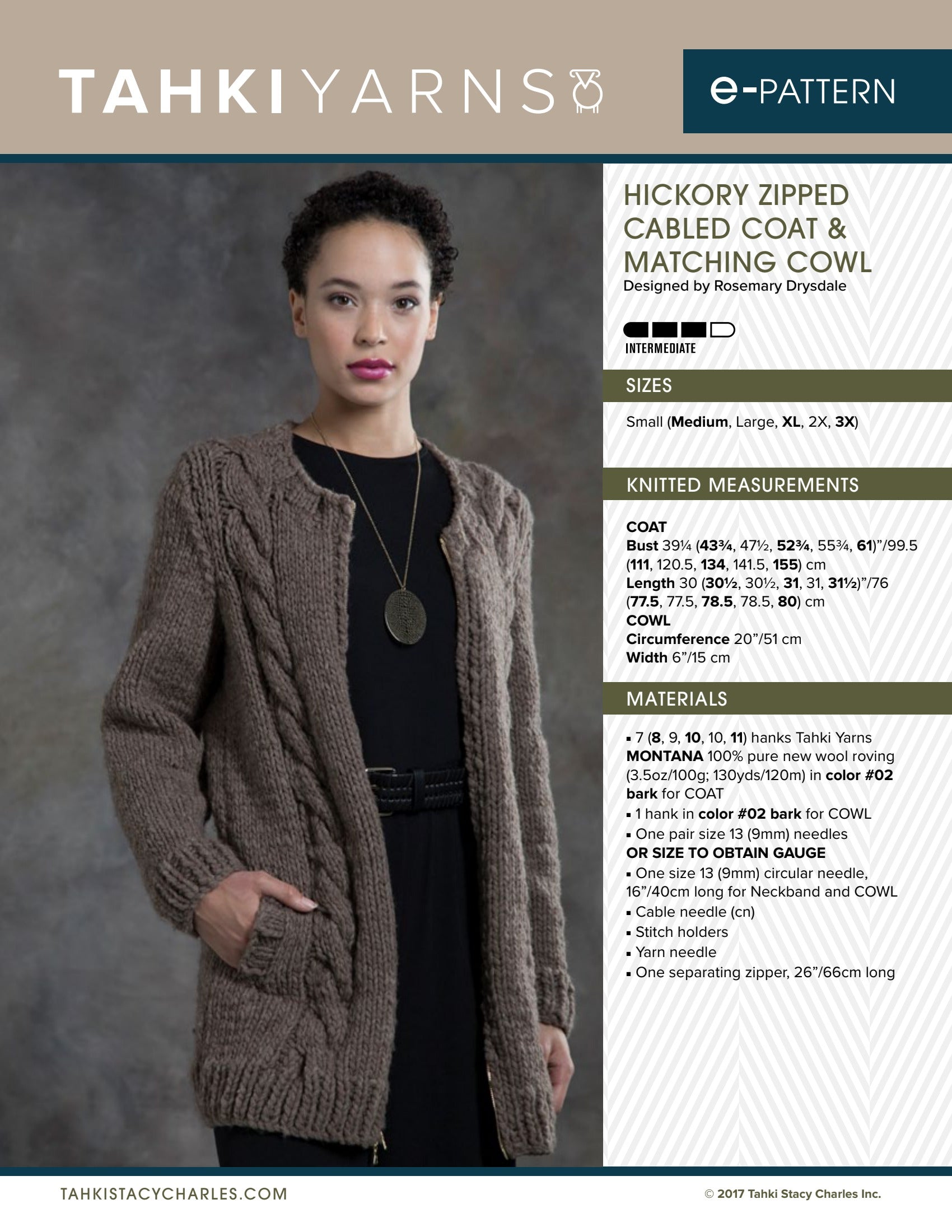 Tahki Yarns Hickory Cabled Coat and Cowl Knitting Pattern