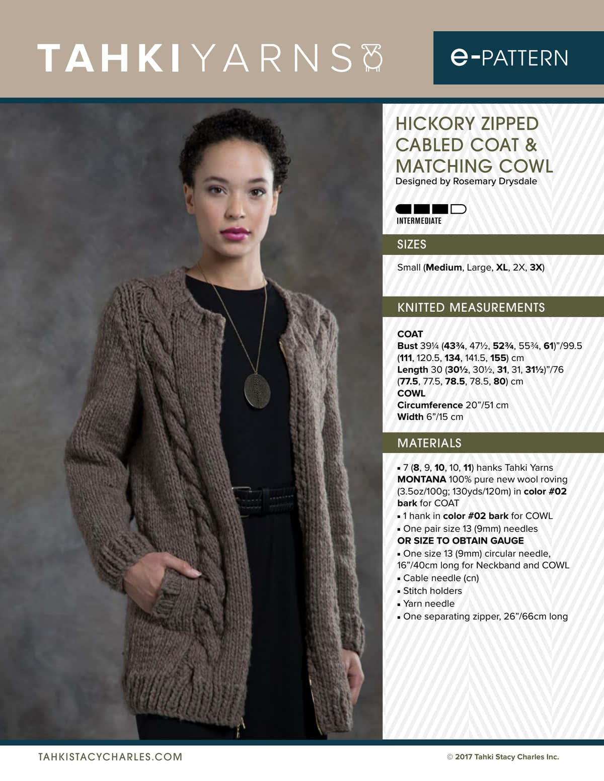 Tahki Yarns Hickory Cabled Coat and Cowl Knitting Pattern