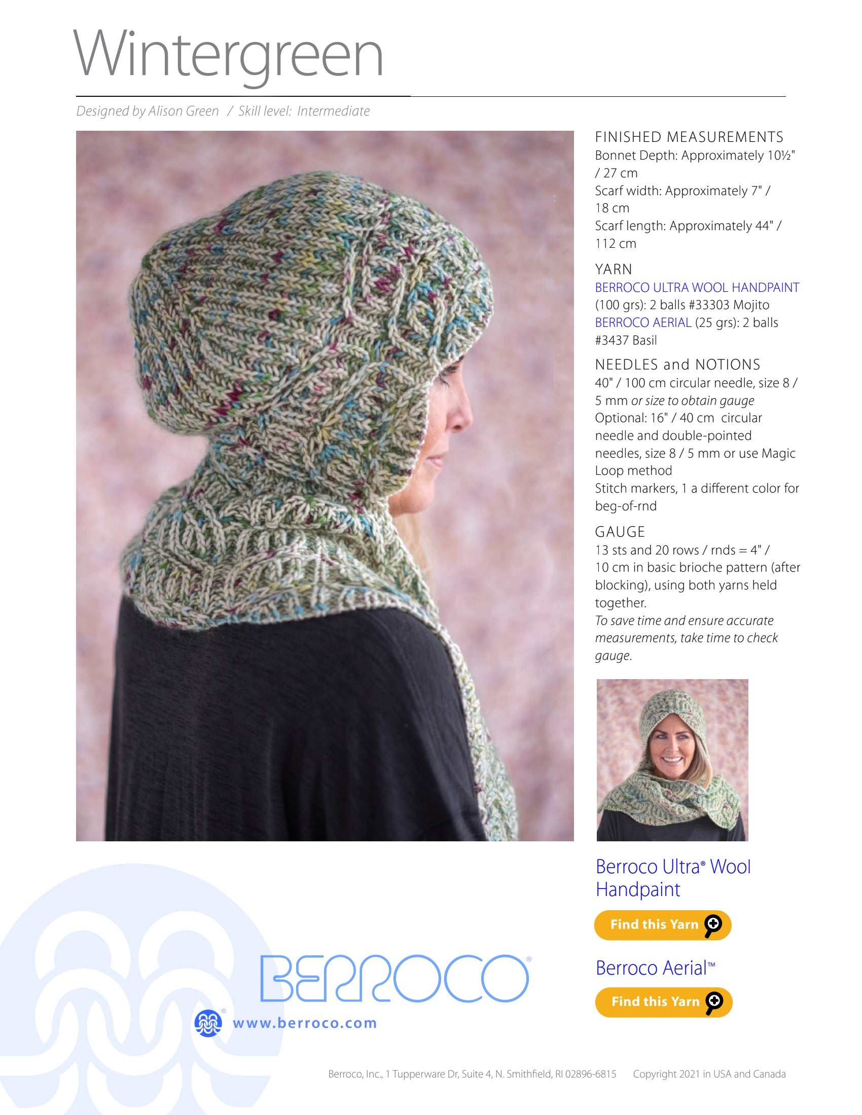 Berroco Wintergreen Hat Knitting Pattern