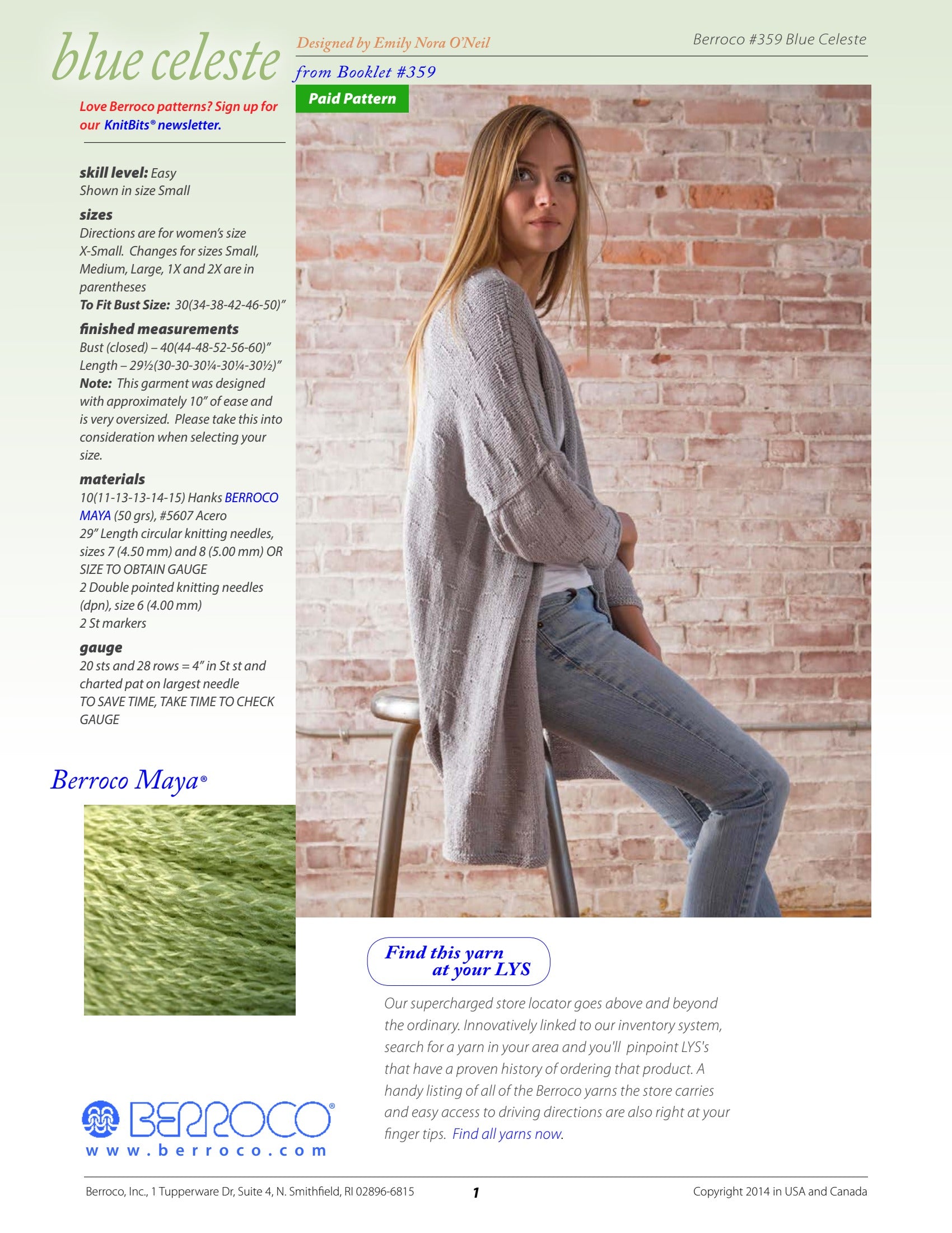 Berroco Blue Celeste Cardigan Knitting Pattern