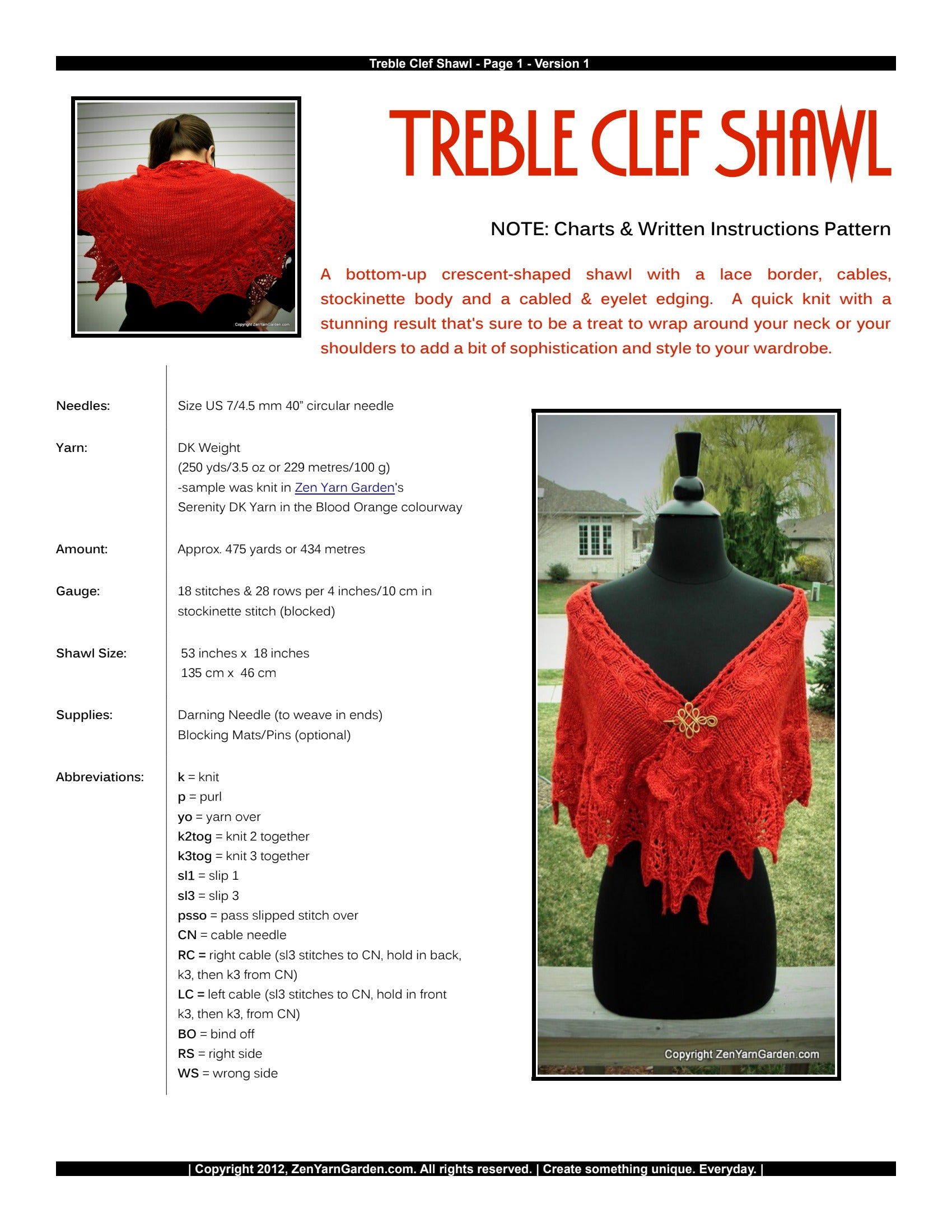 Zen Yarn Garden Treble Clef Shawl Wrap Knitting Pattern