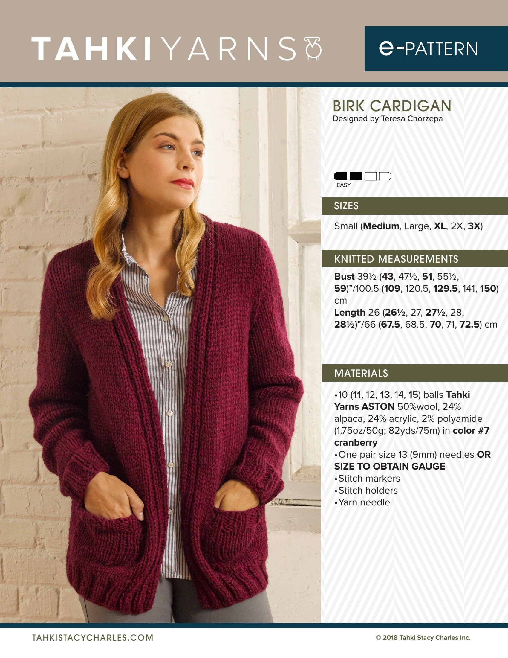 Tahki Yarns Birk Cardigan Knitting Pattern