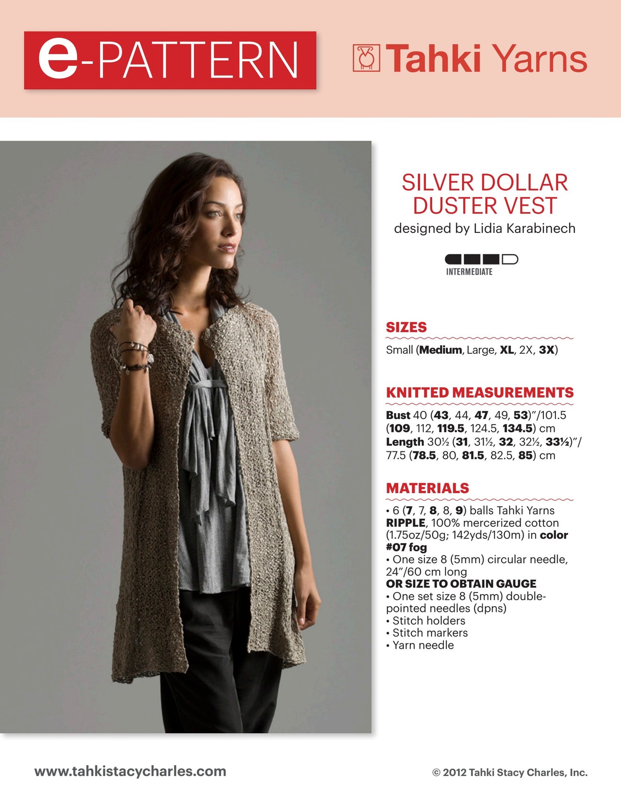 Tahki Yarns Silver Dollar Duster Vest Knitting Pattern