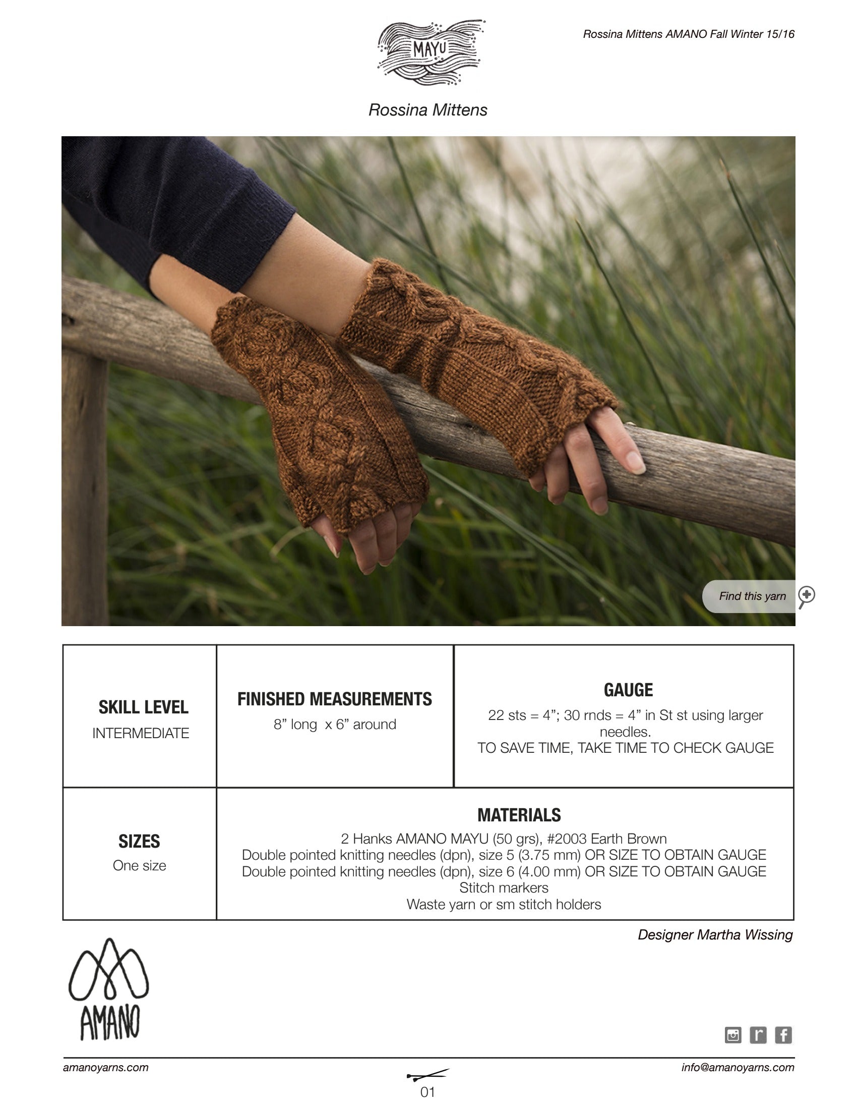 AMANO Rossina Mitts Gloves Knitting Pattern