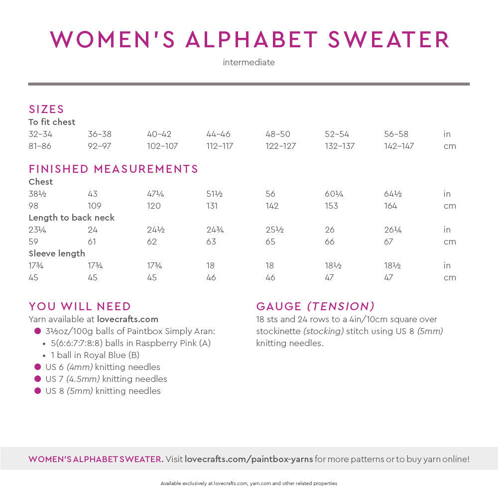 Paintbox Yarns Women's Alphabet Sweater Knitting Pattern