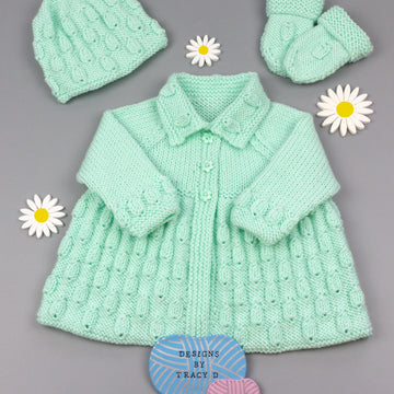 Daisy matinee, bonnet or beanie, booties & mitts Baby Knitting Pattern
