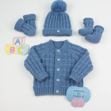 Riley unisex baby knitting pattern cardigan, 2 hats and booties 0-6mths