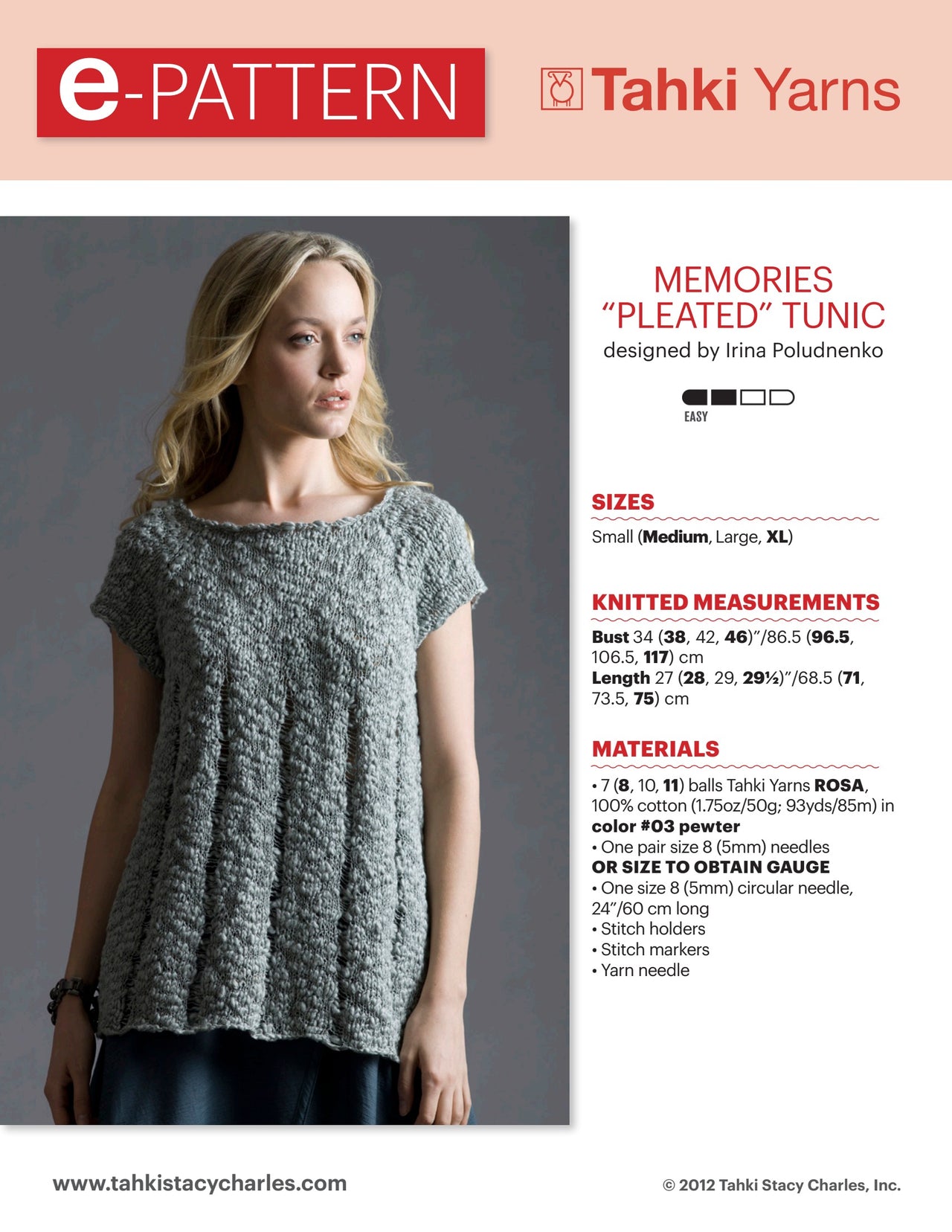Tahki Yarns Memories "Pleated" Tunic Knitting Pattern