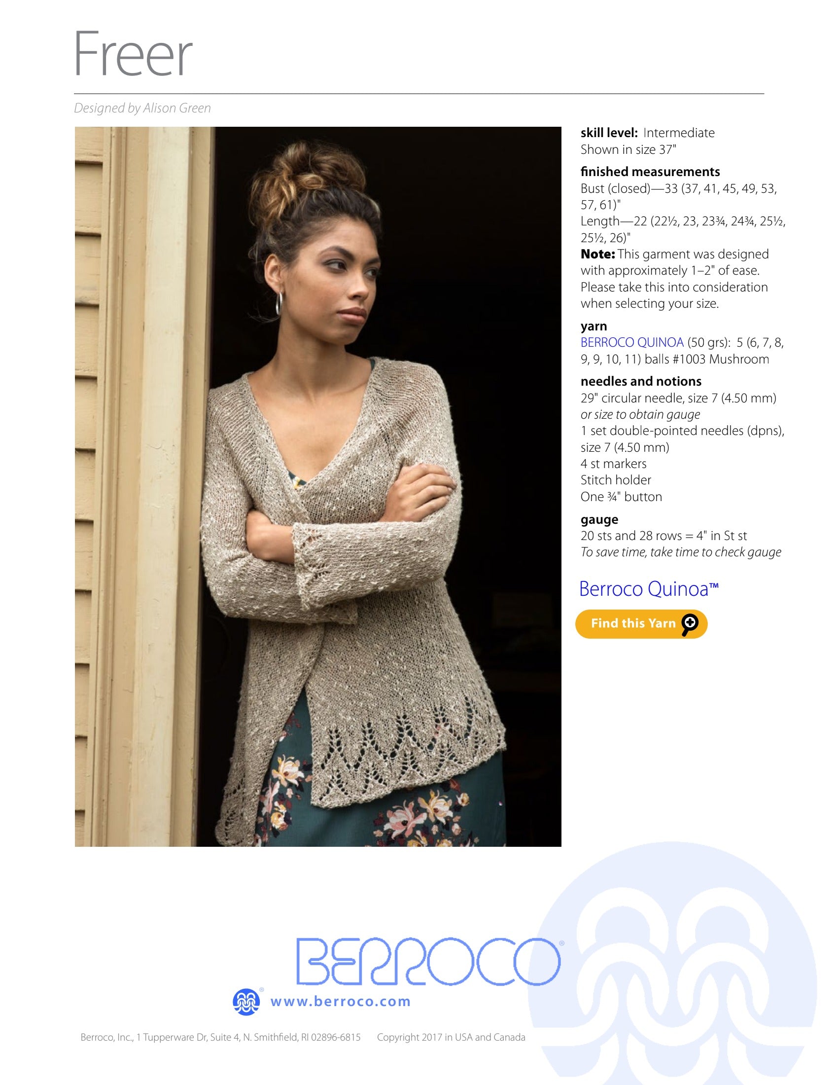 Berroco Freer Cardigan Knitting Pattern